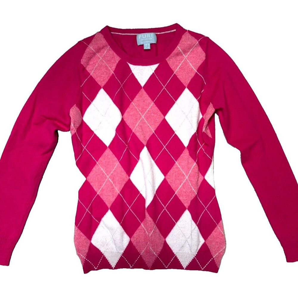 Pure Collection Cashmere Sweater Preppy Pink Argyle 90s Clueless Cozy Pullover 2